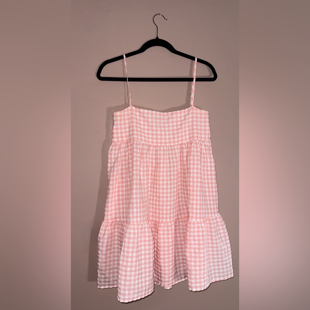 PETAL + PUP Gingham Tiered Mini Dress in Pink and White Size 4 - Picture 2 of 4